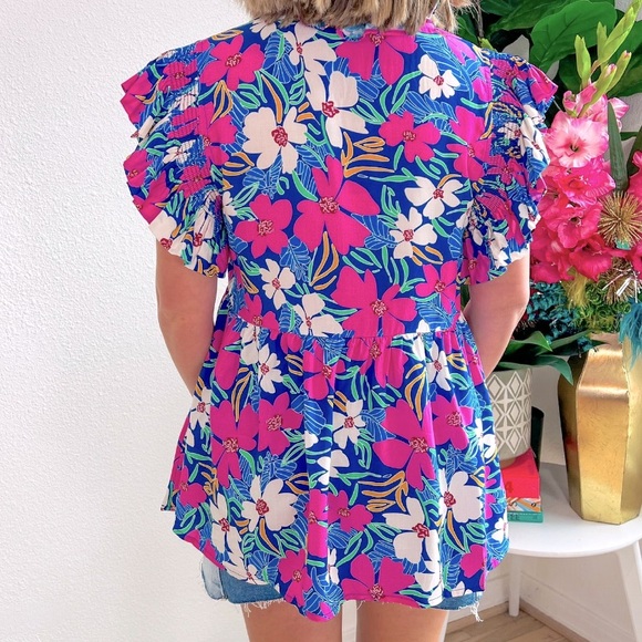 JODIFL Blue Flutter Sleeve Ruffled Blouse - Picture 2 of 3